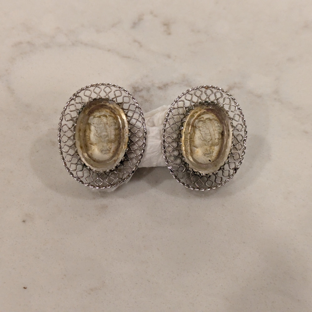 B#2:Vintage-Inspired  1960's Silver and Cream Tone Cameo Clip On Earrings